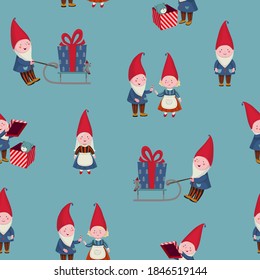 Christmas pattern for wrapping paper, cards, fabric, notepads, scrapbook paper. Cute gnomes on the blue background. Vector illustration.