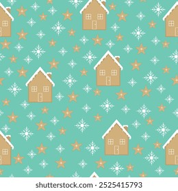 Padrão de Natal para embrulhar papel e cartões. Projeto vetorial com casa de gengibre e flocos de neve.