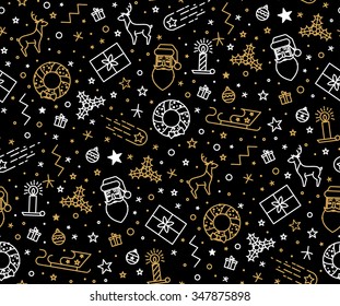 Christmas pattern for wrapping paper with Christmas icons. The thin line in gold and silver color. Use paper, fabrics, prints, invitations.