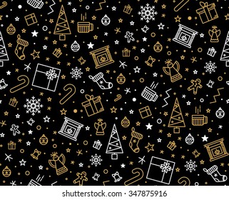 Christmas pattern for wrapping paper with Christmas icons. The thin line in gold and silver color. Use paper, fabrics, prints, invitations.