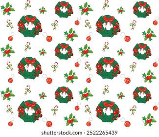 Christmas pattern with wreath, Christmas balls, candy cane and rowan berries