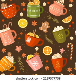 Christmas pattern. Xmas cups with beverage hot drinks coffee and tea recent vector seamless background