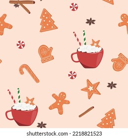 Christmas pattern xmas cups with beverage hot vector seamless illustration