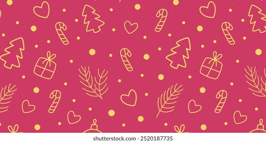 Patrón de Navidades con decoraciones de oro de Navidad sobre fondo rojo. Ilustración vectorial linda en estilo plano de la historieta