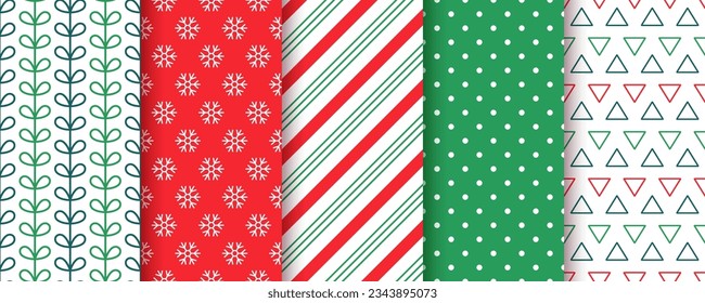 Christmas pattern. Xmas seamless background. New year texture with candy cane stripes, snowflake, polka dot, triangles. Festive red green wrapping paper. Vector illustration. Collection holiday prints