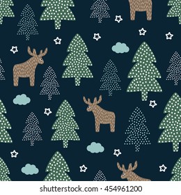 Christmas pattern - Xmas trees, deers, stars. Happy New Year nature seamless background. Forest design for winter holidays. Vector winter holidays print for textile, wallpaper, fabric, wallpaper. 