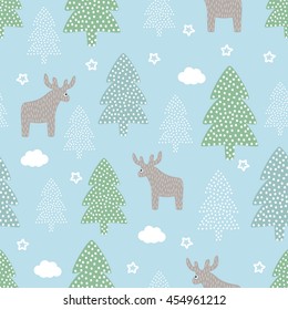 Christmas pattern - Xmas trees, deers, stars. Happy New Year nature seamless background. Forest design for winter holidays. Vector winter holidays print for textile, wallpaper, fabric, wallpaper. 
