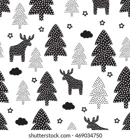 Christmas pattern - Xmas trees, deers, stars. Happy New Year nature seamless background. Black and white forest design. Vector winter holidays print for textile, wallpaper, fabric, wallpaper.