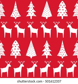 Christmas pattern - Xmas trees, reindeer and snowflakes. Happy New Year seamless background. Simple vector winter holidays design for textile, wallpaper, wrapping paper, fabric, decor.