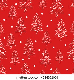 Christmas pattern - Xmas trees and snow on red background. Happy New Year seamless background. Forest design for winter holidays.Vector winter holidays print for textile, wallpaper, fabric, wallpaper.