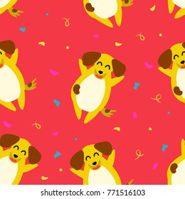 Christmas pattern with yellow dog  and confetti on red background. Flat style. Ornament for textile and wrapping. Vector.