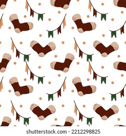 Patrón de Navidad11. Calcetines, banderas de cinta, círculos. Ilustración de dibujos animados de color. 
