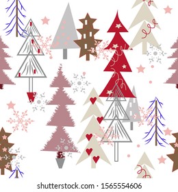 Christmas pattern.Christmas trees, snowflakes, streamers.Vector illustration.
