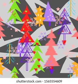 Christmas pattern.Christmas trees, snowflakes, streamers.Vector illustration.
