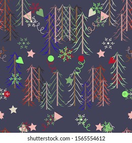 Christmas pattern.Christmas trees, snowflakes, streamers.Vector illustration.
