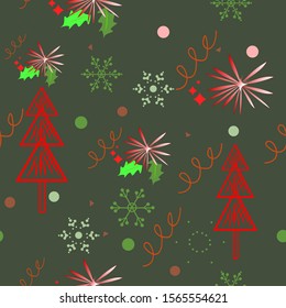 Christmas pattern.Christmas trees, snowflakes, streamers.Vector illustration.
