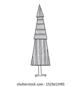 Christmas patterned tree. Black and white illustration for coloring book or page.