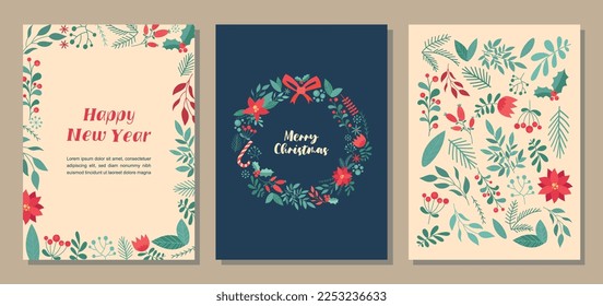 Christmas patterns cards set. Collection of graphic elements for website. Winter holiday and festival, culture and traditions, New Year. Cartoon flat vector illustrations isolated on beige background