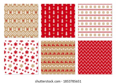 Weihnachtsmuster in klassischen Farben. Set nahtloser Vektormuster für die Verpackung von Papier oder Hintergründen für Ihr Design. Wintergrafik mit Hirsch, Weihnachtsbaum, Schneeflocken, geometrischen Ornamenten.