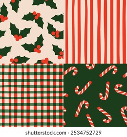 Christmas patterns collection. Seamless vector textures. Bold cute vintage style backgrounds with candy cane, holly and traditional abstract wallpapers.