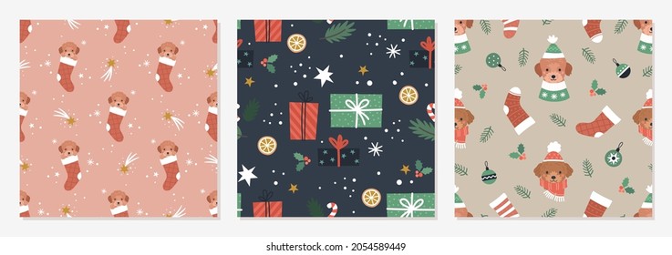 Christmas patterns collection. Vector illustration of three flat seamless patterns with cute cartoon puppies, gifts, and Christmas plants 