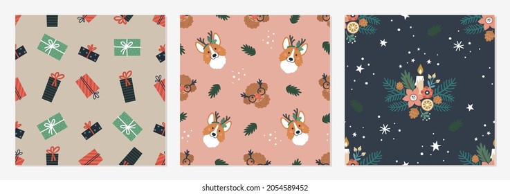 Christmas patterns collection. Vector illustration of three flat seamless patterns with cute cartoon puppies, gifts and Christmas bouquet