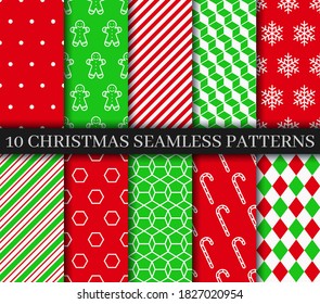 Christmas patterns collection. Xmas New year texture. Festive background with gingerbread, snowflakes, candycane lollipop and geometric ornament. Holiday wrapping paper. Vector