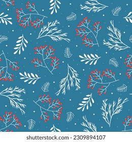 Christmas patterns with floral elements: spruce branches, snowflakes and berries. New Year's Eve pattern in a flat style. Vector image.