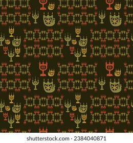 Christmas patterns. Hutsul motifs, candlesticks, symbols, Christmas dinner, traditions. Ukrainian folk ornament. Seamless in warm colors on a black background. Patterns for textiles and fabrics.
