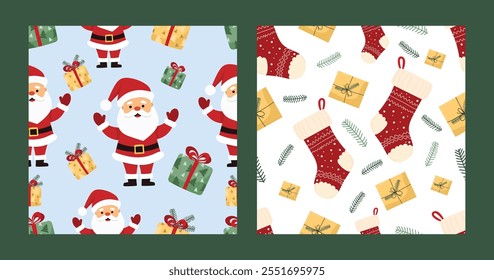 Christmas patterns with jolly Santa Claus with gifts on blue background and cozy red stockings with presents, greenery on white background. Cute holiday vector symbols in warm family Christmas spirit.