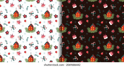 Christmas patterns. Christmas, New Year seamless pattern with cute houses, candycanes, poinsettia, gift boxes and christmas tree decorations. For wrapping paper, wallpaper, textile, backgrounds. 
