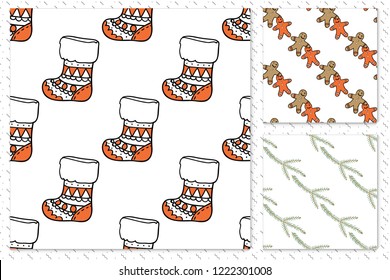 Christmas patterns set. Collection of 3 xmas seamless background. Decorative cartoon bows for Christmas holidays. Cute backdrop kit for greeting or postcards.
