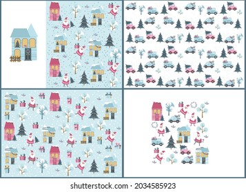 Christmas patterns set. Collection of backgrounds in pastel pink colors. Christmas tree, gifts, toys. Vector illustration