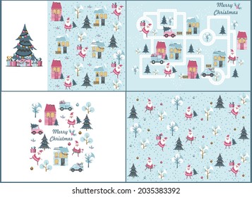 Christmas patterns set. Collection of backgrounds in pastel pink colors. Christmas tree, gifts, toys. Vector illustration