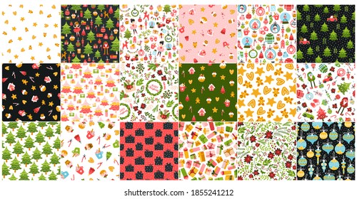 Christmas patterns set. Collection of seamless backgrounds. Christmas tree, characters, car, gifts, toys. Ideal for baby textiles. Vector illustration.