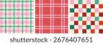 Christmas patterns set. Merry Christmas backgrounds, seamless patterns. Plaid, Checked pattern design. Red, green and pink Xmas colors