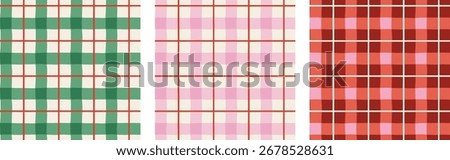 Christmas patterns set. Merry Christmas backgrounds, seamless patterns. Plaid, Checked pattern design. Red, green and pink Xmas colors