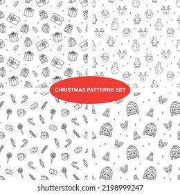 Weihnachtsmuster festgelegt. Neujahrsmuster im Umriss-Doodle-Stil. Vektorhintergrund für Verpackungspapier, Textilien, Banner, Webdesign, Scrapbooking