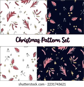 Christmas patterns set.  With Christmas tree branches and mistletoe on dark and bright background. 4 backgrounds for wrapping paper, banners, designs, cards, invitations