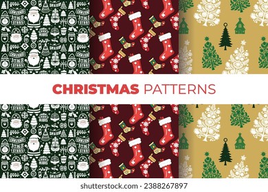 Christmas Patterns with Snowflakes, Trees, Stockings