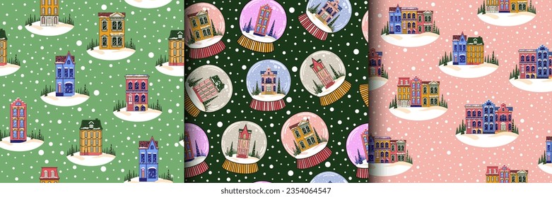 Patrones de Navidad con casas de invierno, globos de nieve y coronas. Decoración de Año Nuevo. Estilo moderno y plano. Perfecto para envolver papel. Vector.