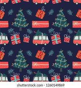 christmas patterns witg dark background and red elements, gifts, trees, and car
