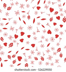 Christmas pattern.Xmas design branches and christmas elements. Vector hearts and snowflake. Stock vector