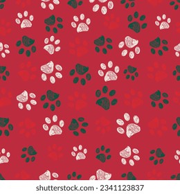 Christmas paw prints seamless fabric design pattern