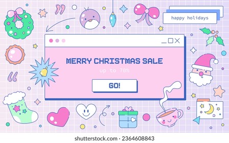 Christmas PC interface Banner with Winter Merry Christmas Decorations. Vintage Y2K Old Computer Background. Happy New Year and Merry Christmas sale. Holiday Pink Web Poster. Vector Illustration.