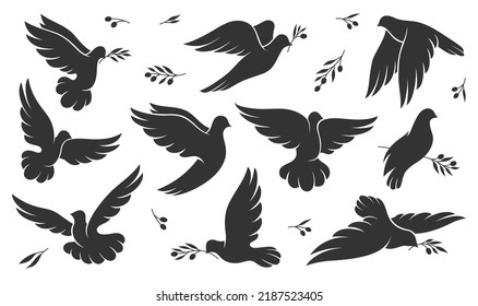 Christmas, peace or wedding dove bird silhouettes, vector pigeon icons. Doves with olive leaf branch, symbol of love, hope and freedom, Easter holy spirit and religion, flying dove silhouettes