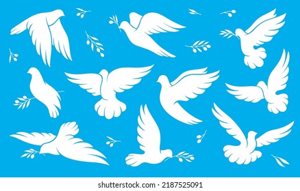 Christmas, peace and wedding dove bird silhouettes. Vector white pigeon flying with olive branch in beak and spread wings. White dove or pigeon bird symbols of hope, religion, faith and Xmas holiday