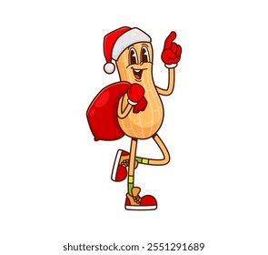 Christmas peanut nut character wearing Santa hat and carrying a gift sack. Isolated vector nut pod retro personage with playful expression bringing holiday greetings, joy and cheer to festive season