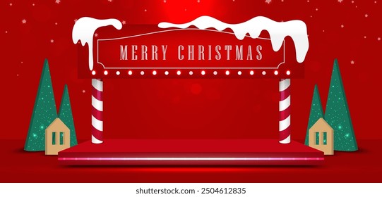 Christmas pedestal design with sign, empty platform and Christmas festive elements on red studio background. Vector illustration.