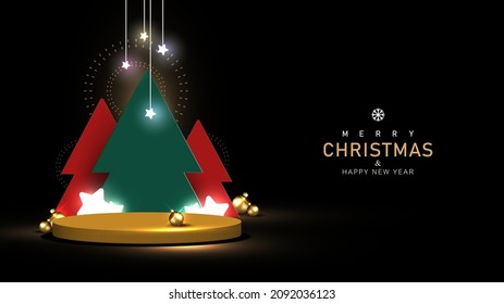 Christmas pedestal scene for product display. Gold stage base decoration with trees, stars, Christmas balls, fireworks on black background. Christmas and New Year design. Vector illustration.